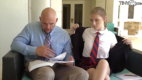 Hot blonde with huge tits fucks her tight pussy