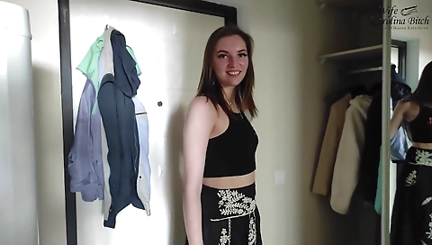 Hot brunette babe masturbates her tight pussy